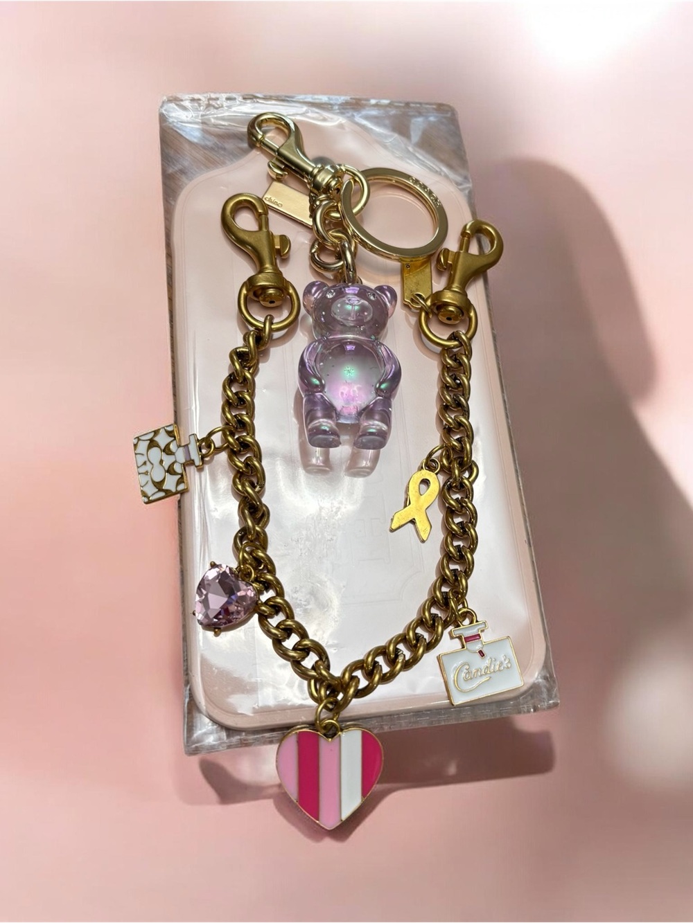Gold-Tone Charm Chain Keyring with Pink Heart & Iridescent Bear large tag